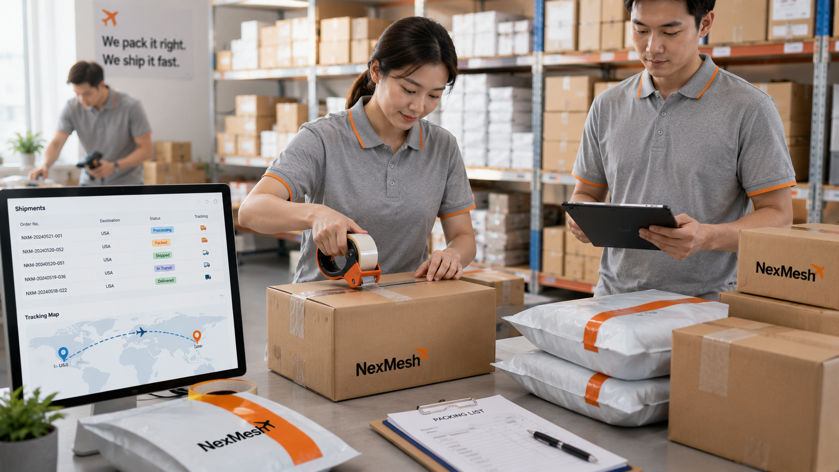 Warehouse team consolidating and repacking parcels for USA shipping